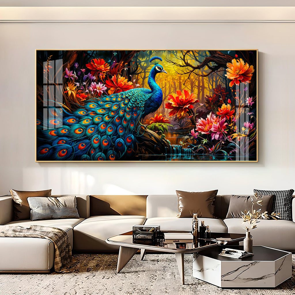 Surreal Peacock With Red Blossom Premium Acrylic Horizontal Wall Art