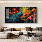 Surreal Peacock With Red Blossom Premium Acrylic Horizontal Wall Art