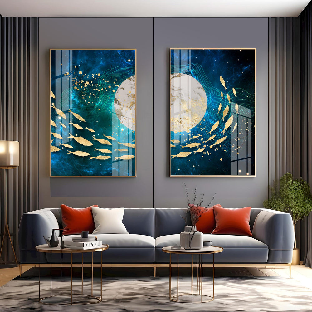 Golden Koi Fish Premium Acrylic Vertical Wall Art (Set Of 2)