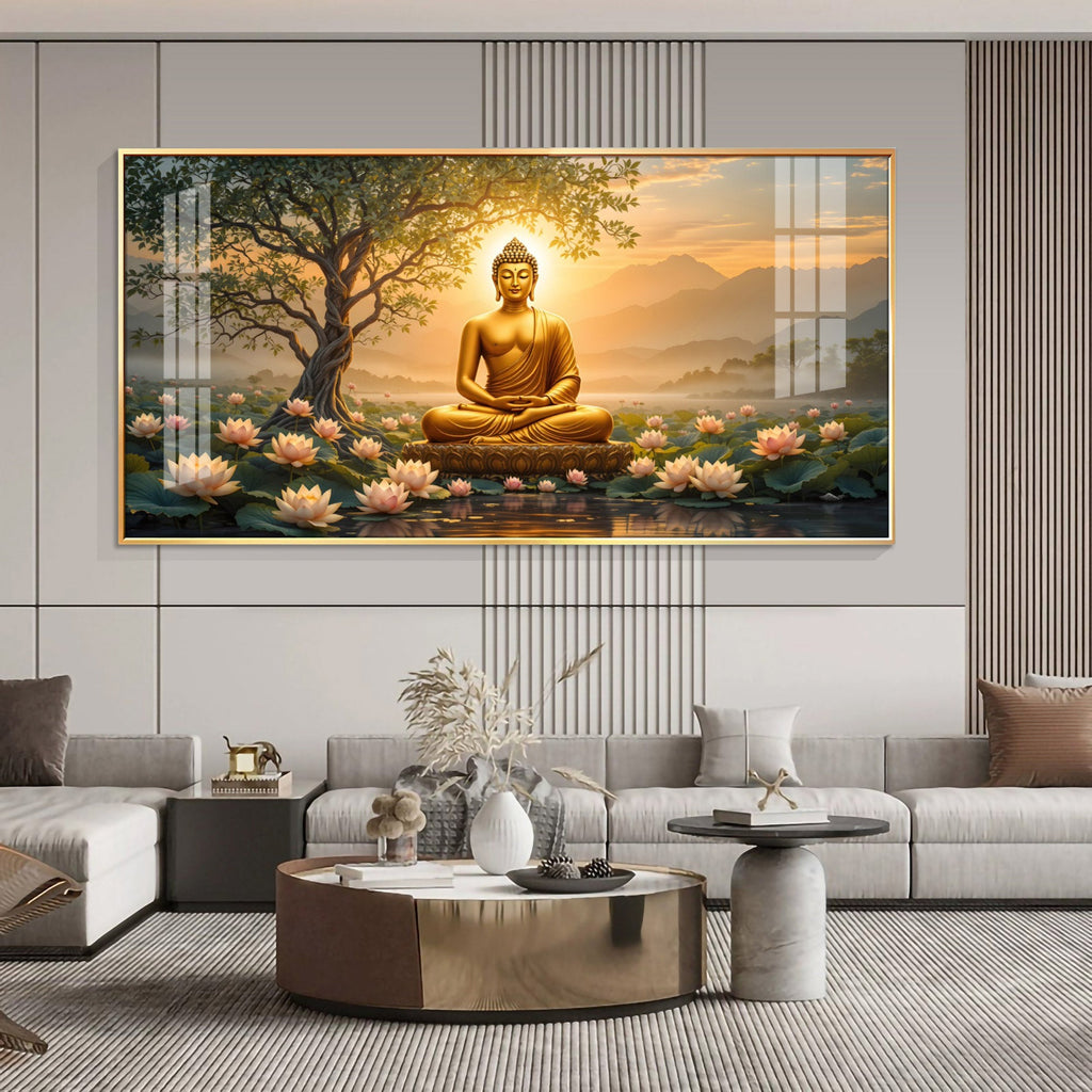 Blissful Buddha With Lotus Petal Premium Acrylic Horizontal Wall Art