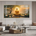 Blissful Buddha With Lotus Petal Premium Acrylic Horizontal Wall Art
