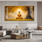 Meditating Buddha Under Goldern Tree Premium Acrylic Horizontal Wall Art