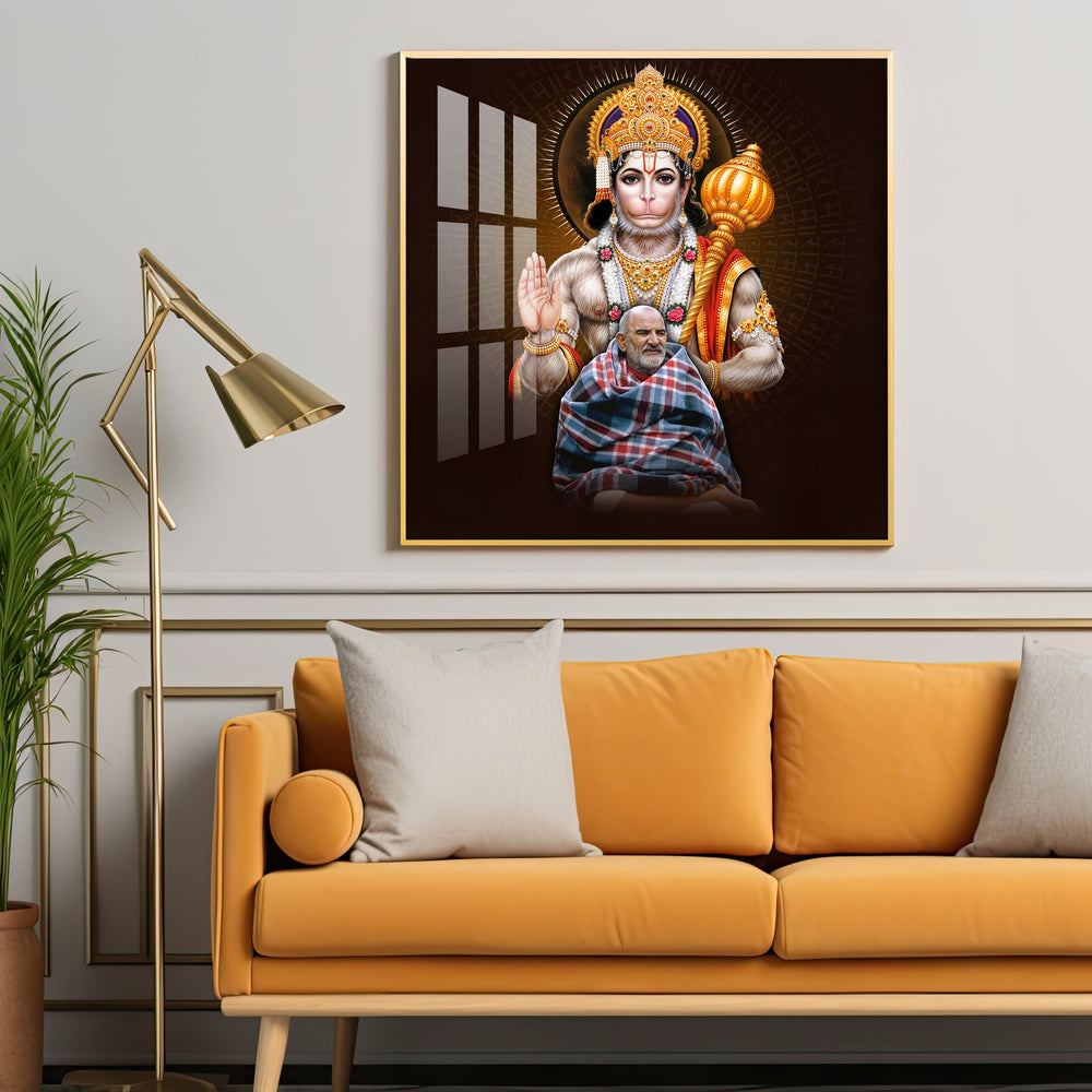 Lord Hanuman Ji and Neem Karoli Baba Premium Acrylic Square Wall Art