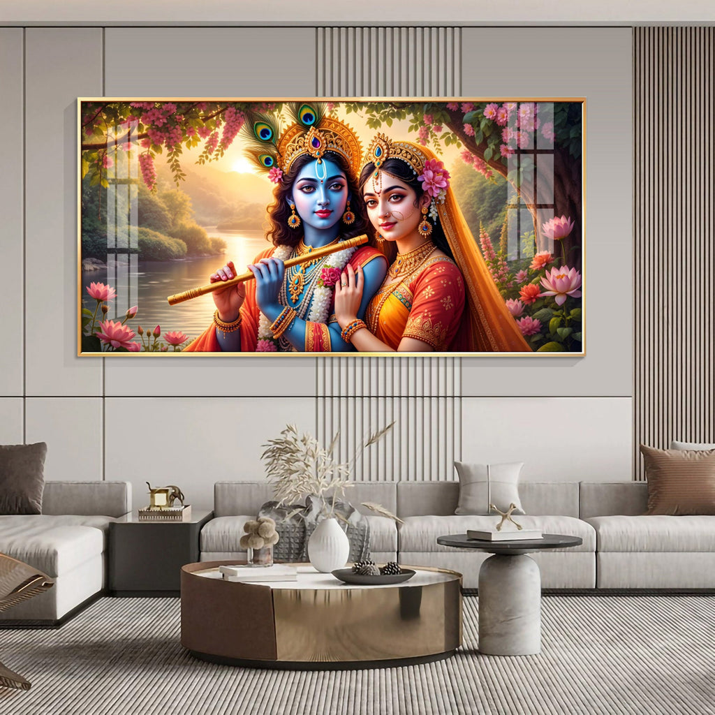 Radha With Krishna Playing Flute Premium Acrylic Horizontal Wall Art