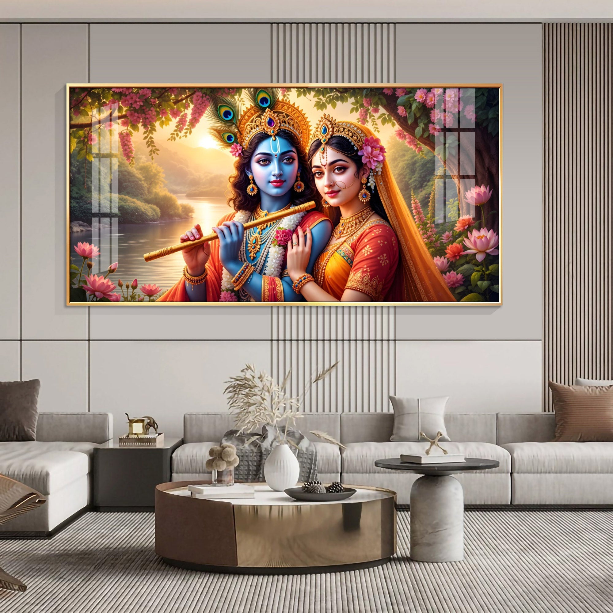 Radha With Krishna Playing Flute Premium Acrylic Horizontal Wall Art