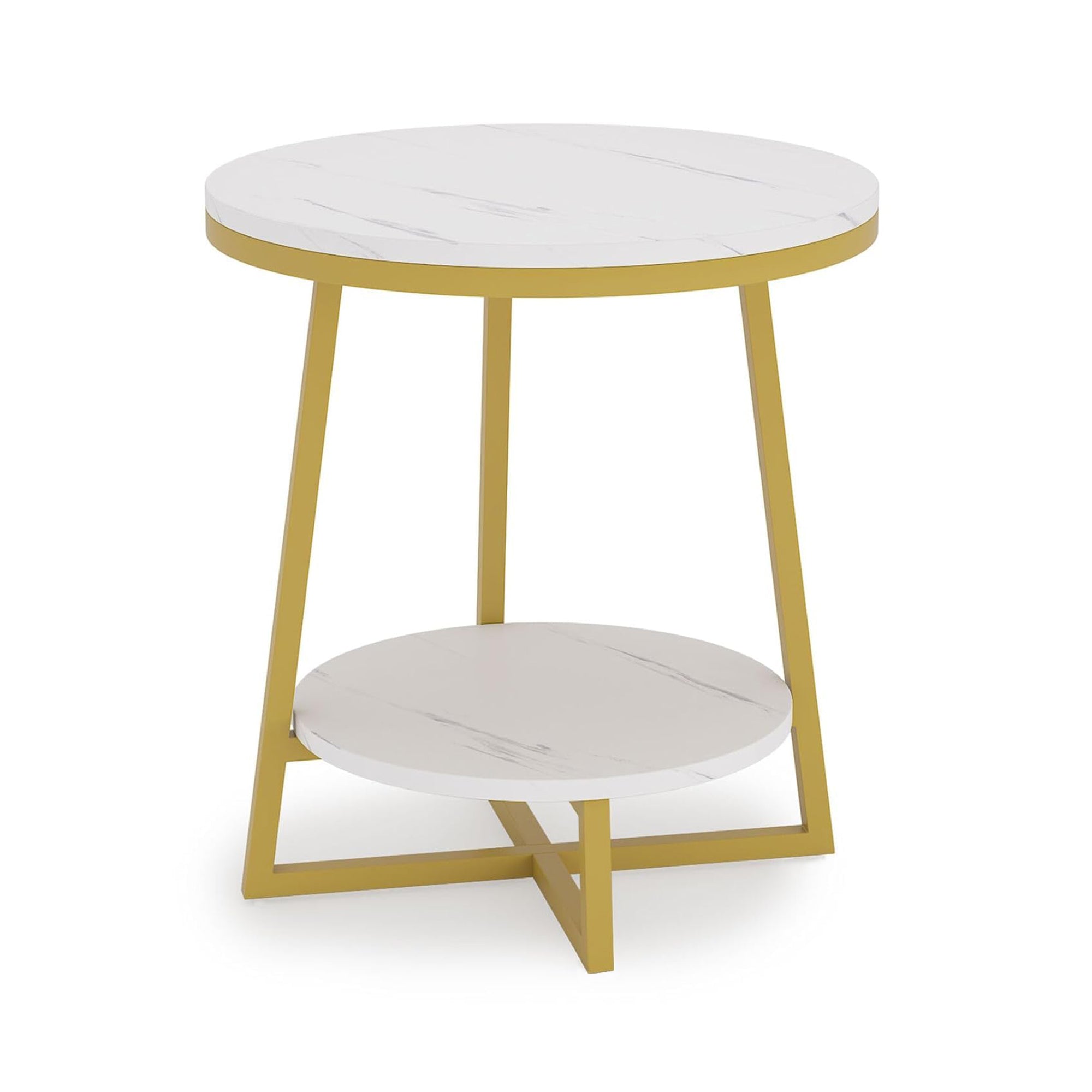 2 Tier Faux White Marble Side Table with with Golden Finish Storage Shelf - Decor Smart