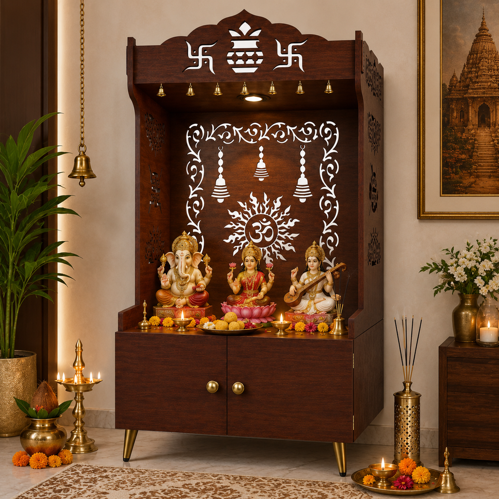 Brown Wooden Floor Pooja Mandir with Kalash & Om Design Laser-Cut Bell Motifs & Storage Cabinet