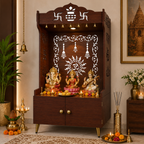 Brown Wooden Floor Pooja Mandir with Kalash & Om Design Laser-Cut Bell Motifs & Storage Cabinet
