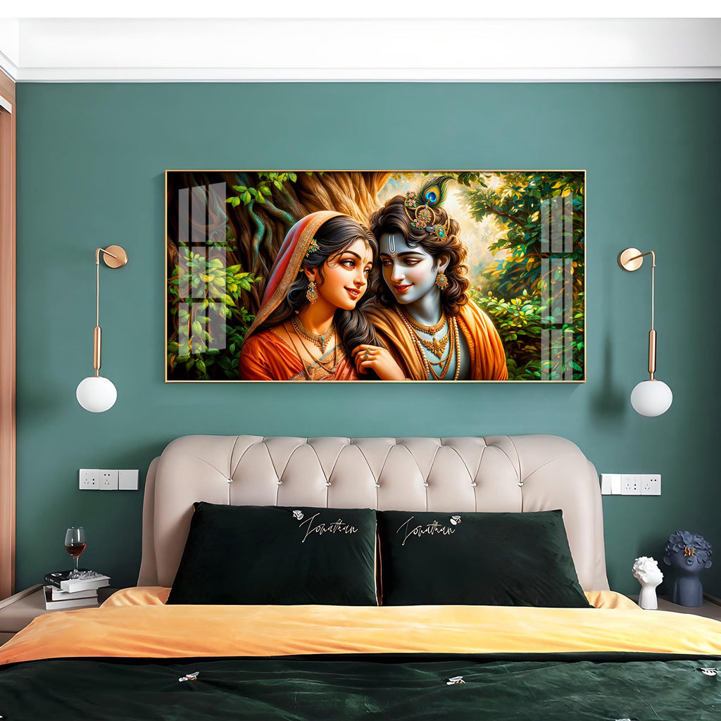 Krishna and Radha in Tranquility Premium Acrylic Horizontal Wall Art