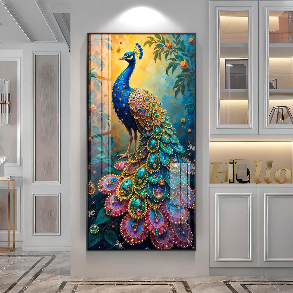 Peacock In Sunrise Premium Acrylic Vertical Wall Art