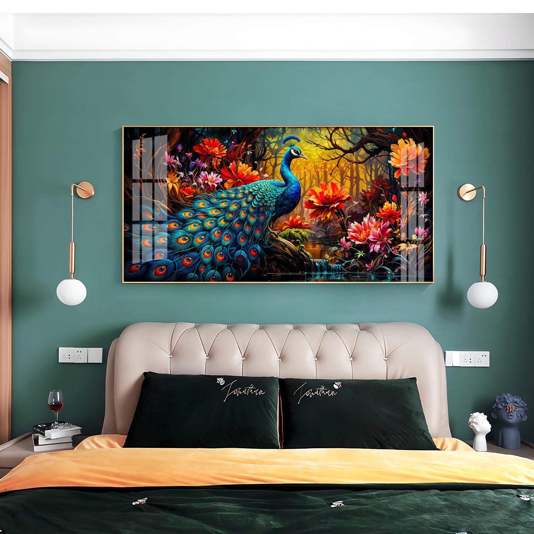 Surreal Peacock With Red Blossom Premium Acrylic Horizontal Wall Art