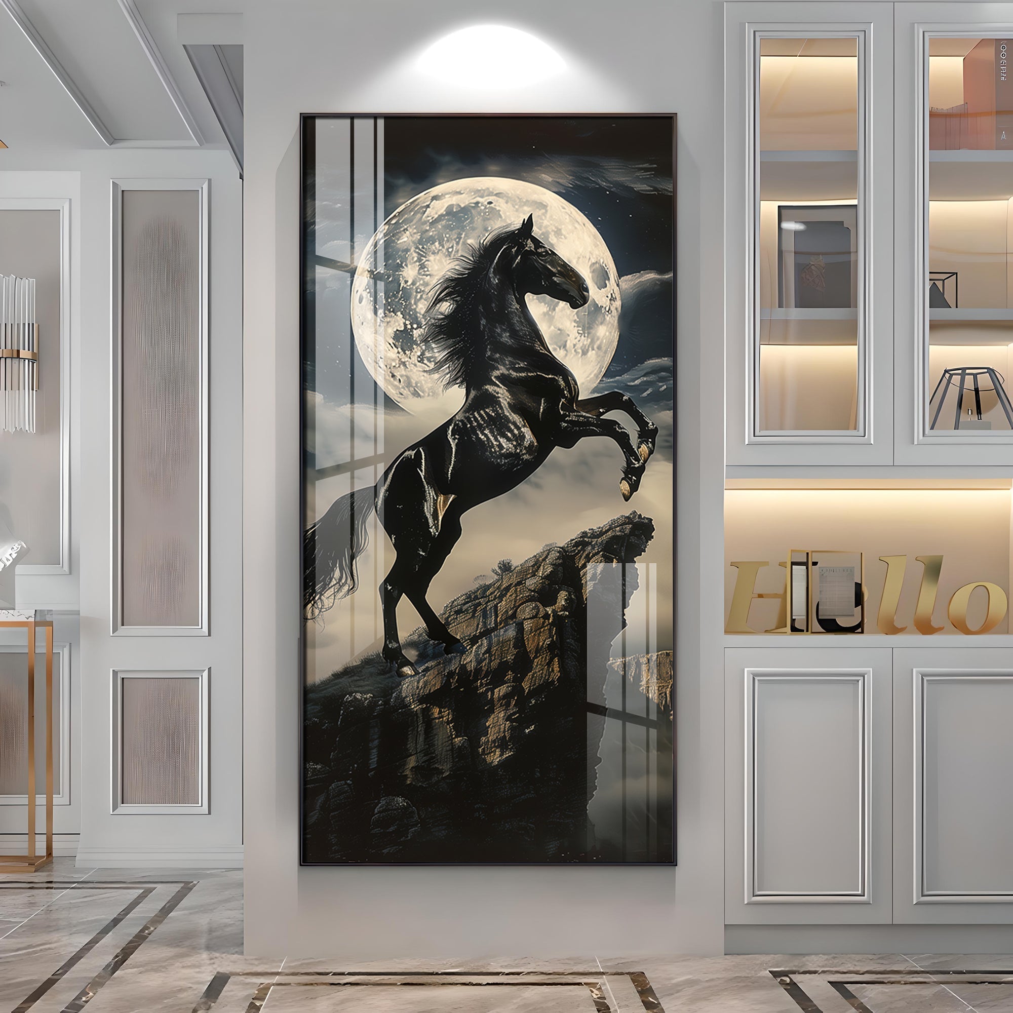 Black Horse On Rocky Cliff Premium Acrylic Vertical Wall Art