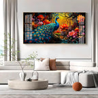 Surreal Peacock With Red Blossom Premium Acrylic Horizontal Wall Art