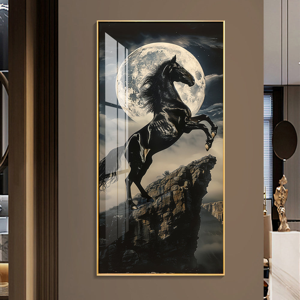 Black Horse On Rocky Cliff Premium Acrylic Vertical Wall Art