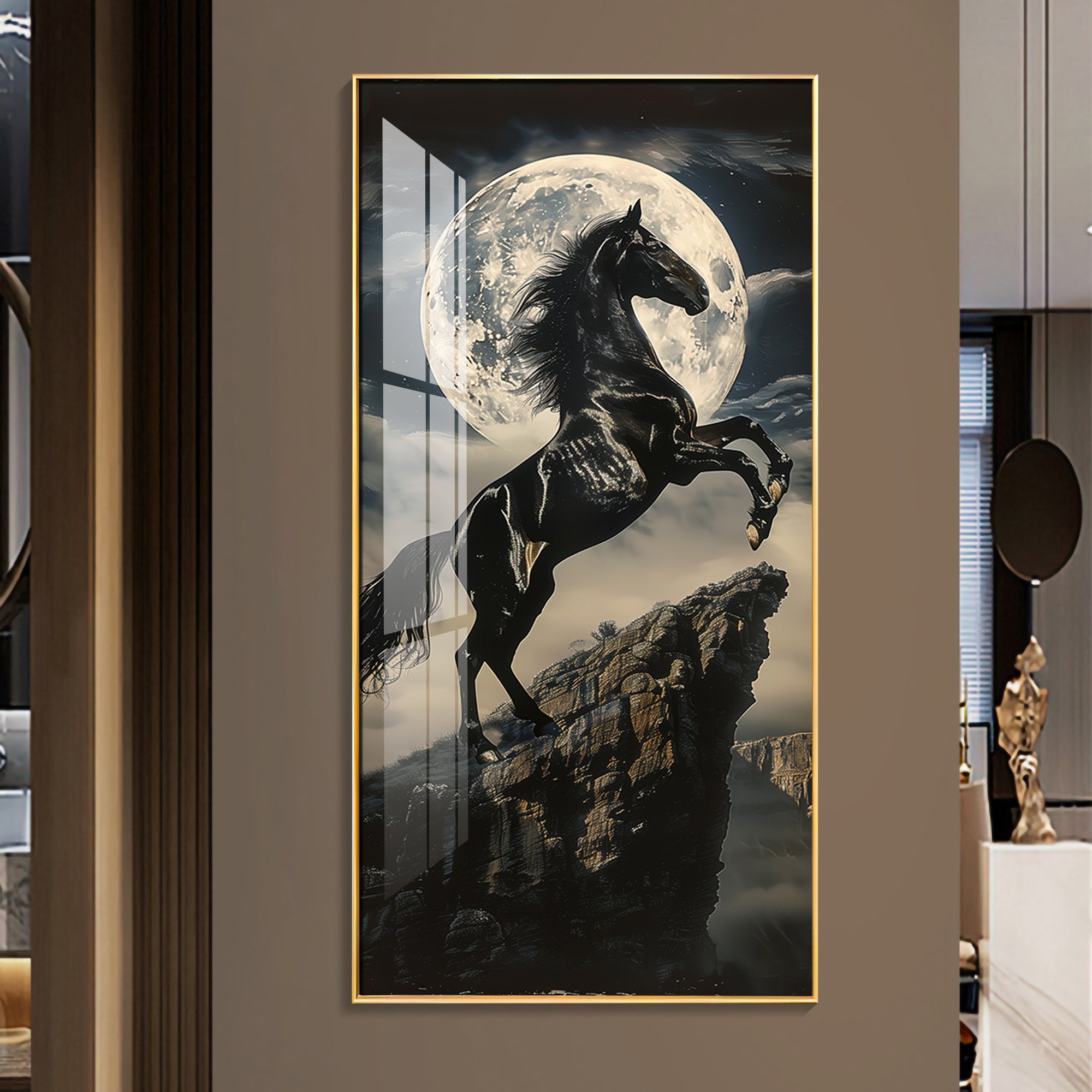 Black Horse On Rocky Cliff Premium Acrylic Vertical Wall Art