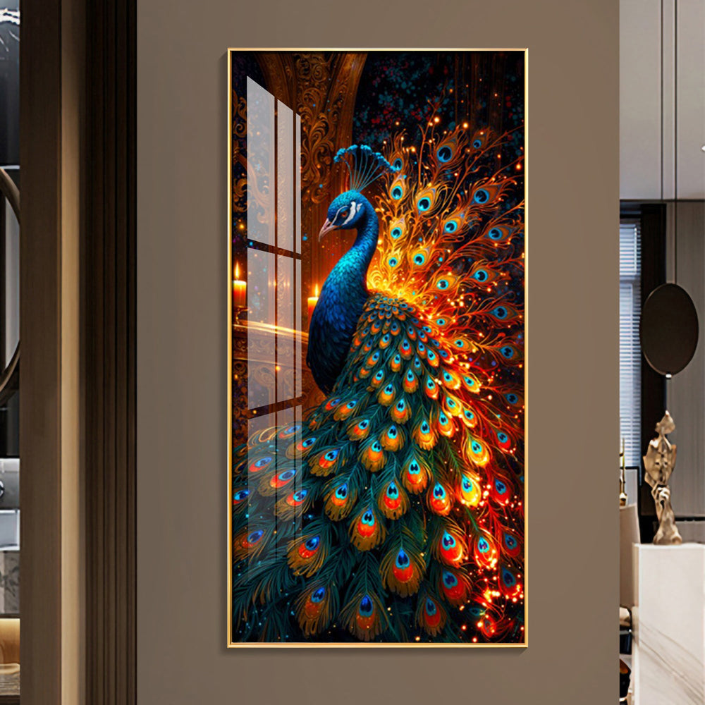 Peacock In Blaze Premium Acrylic Vertical Wall Art