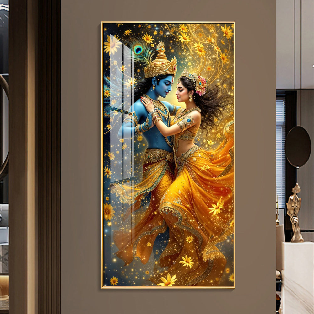 Radha And Krishna in Golden Splendor Flower Premium Acrylic Vertical Wall Art