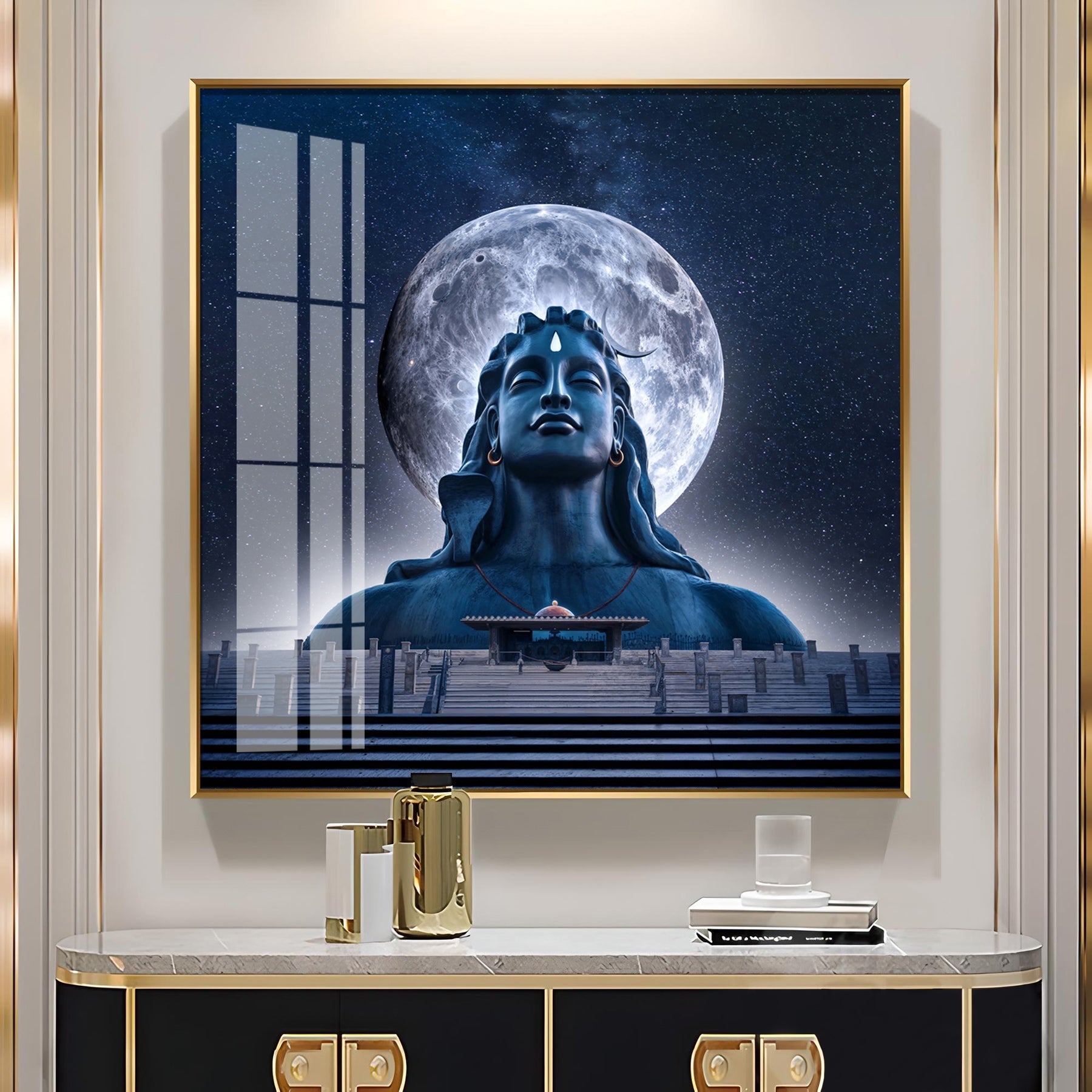 Moon Behind Mahadev Premium Acrylic Square Wall Art
