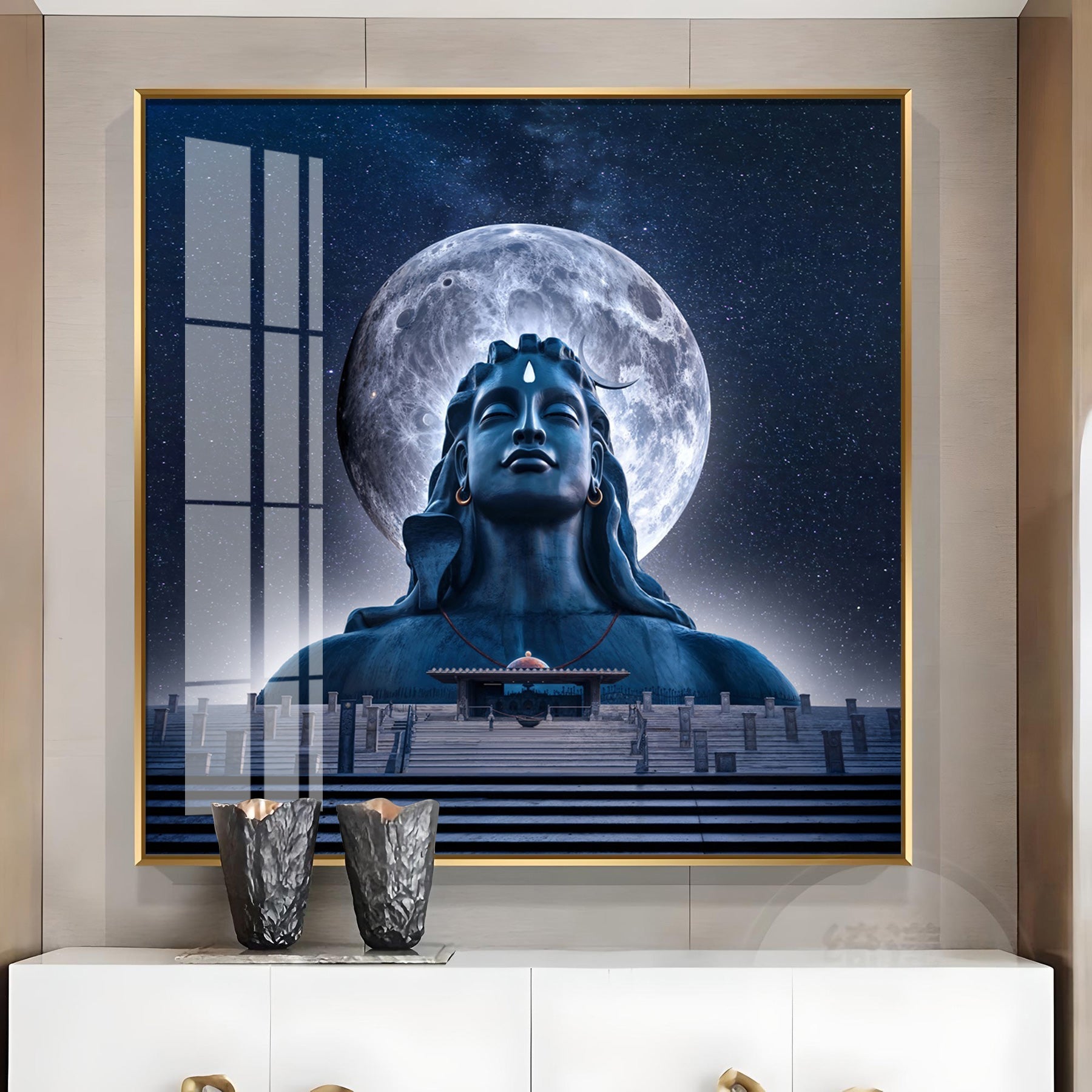 Moon Behind Mahadev Premium Acrylic Square Wall Art