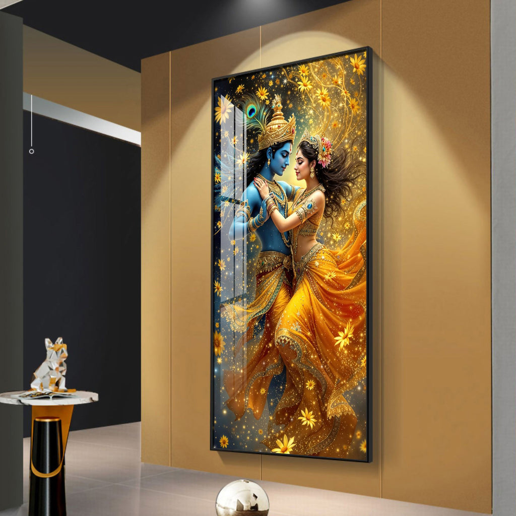 Radha And Krishna in Golden Splendor Flower Premium Acrylic Vertical Wall Art