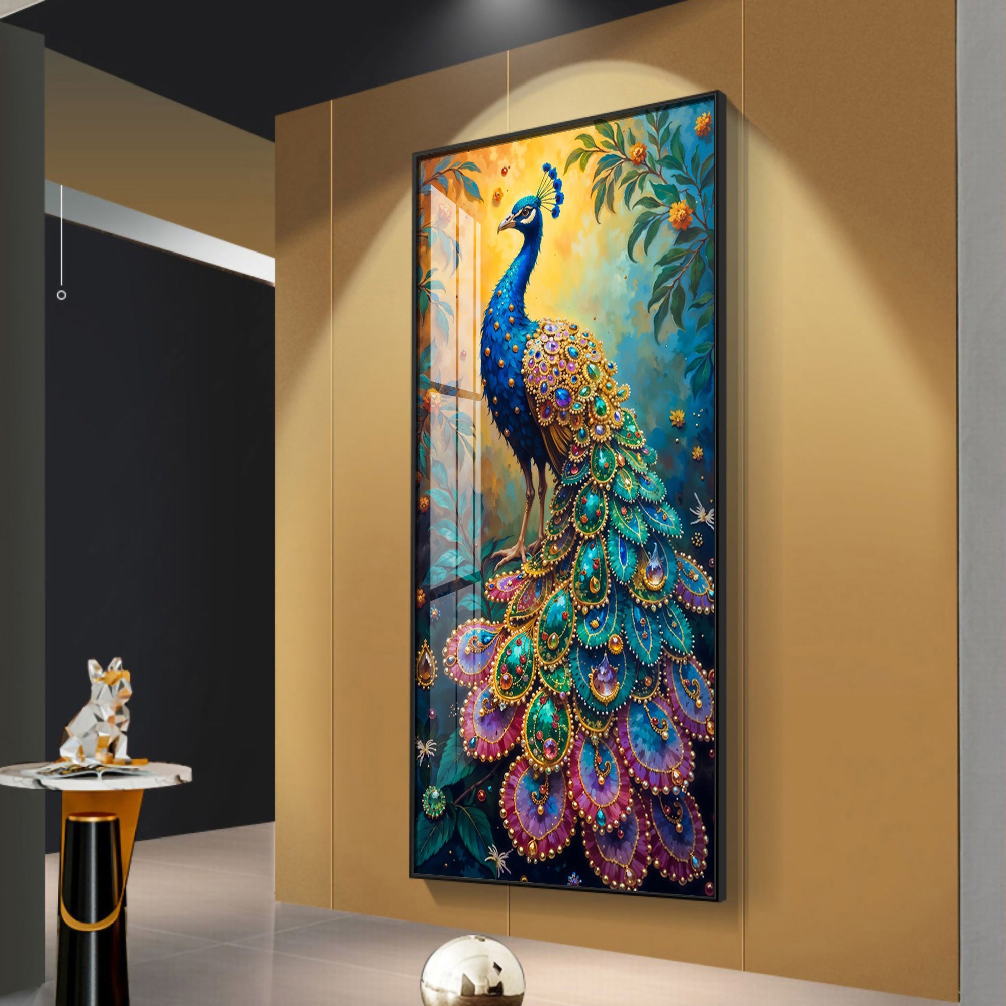 Peacock In Sunrise Premium Acrylic Vertical Wall Art