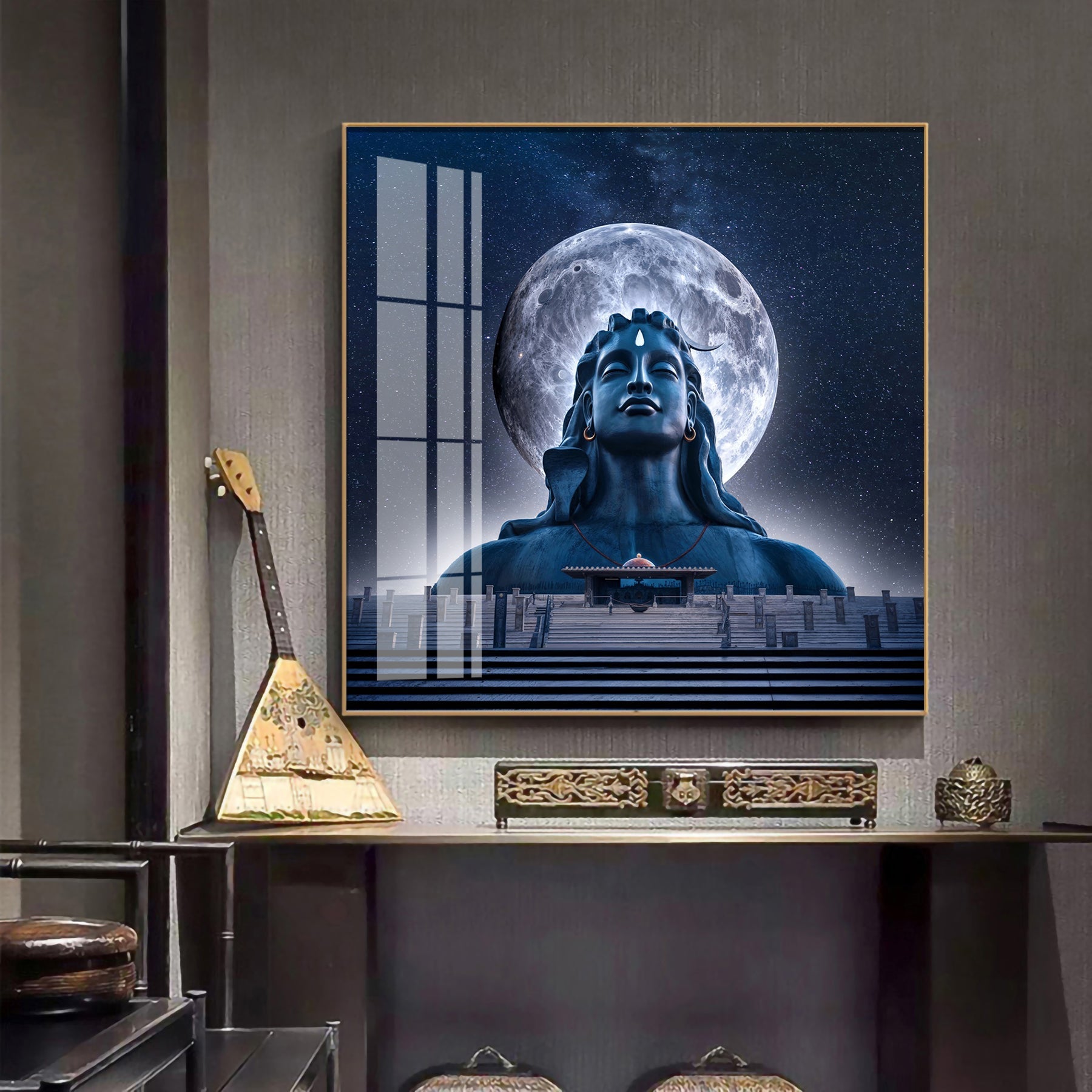 Moon Behind Mahadev Premium Acrylic Square Wall Art