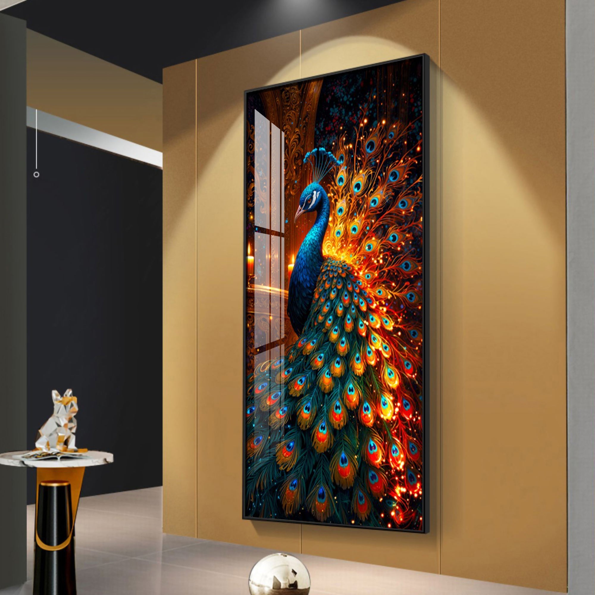 Peacock In Blaze Premium Acrylic Vertical Wall Art