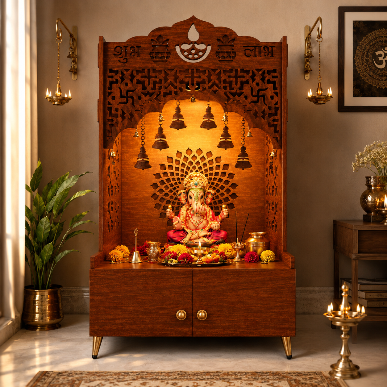 Shubh Labh Engraving White Wooden Floor Cabinet Home Temple