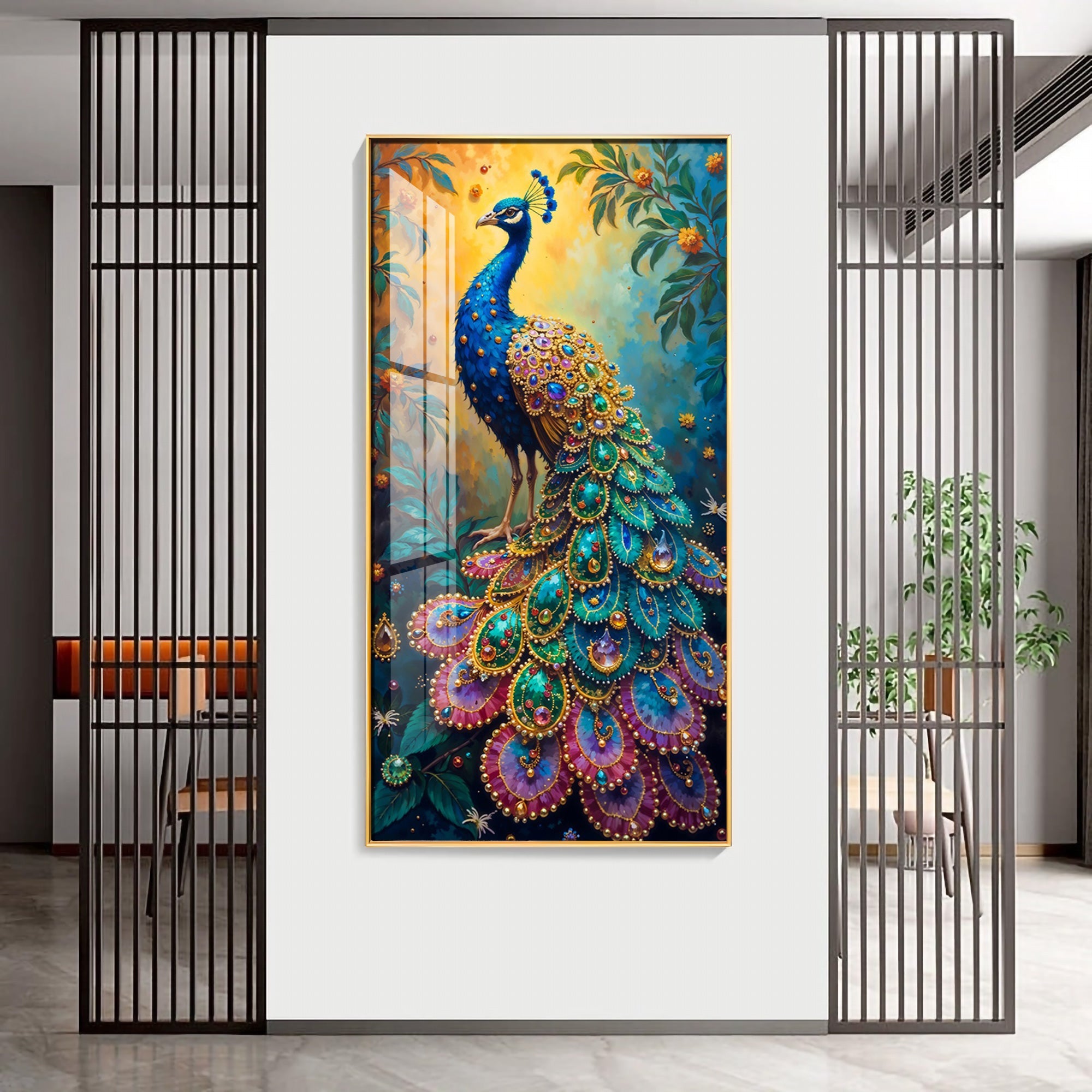 Peacock In Sunrise Premium Acrylic Vertical Wall Art