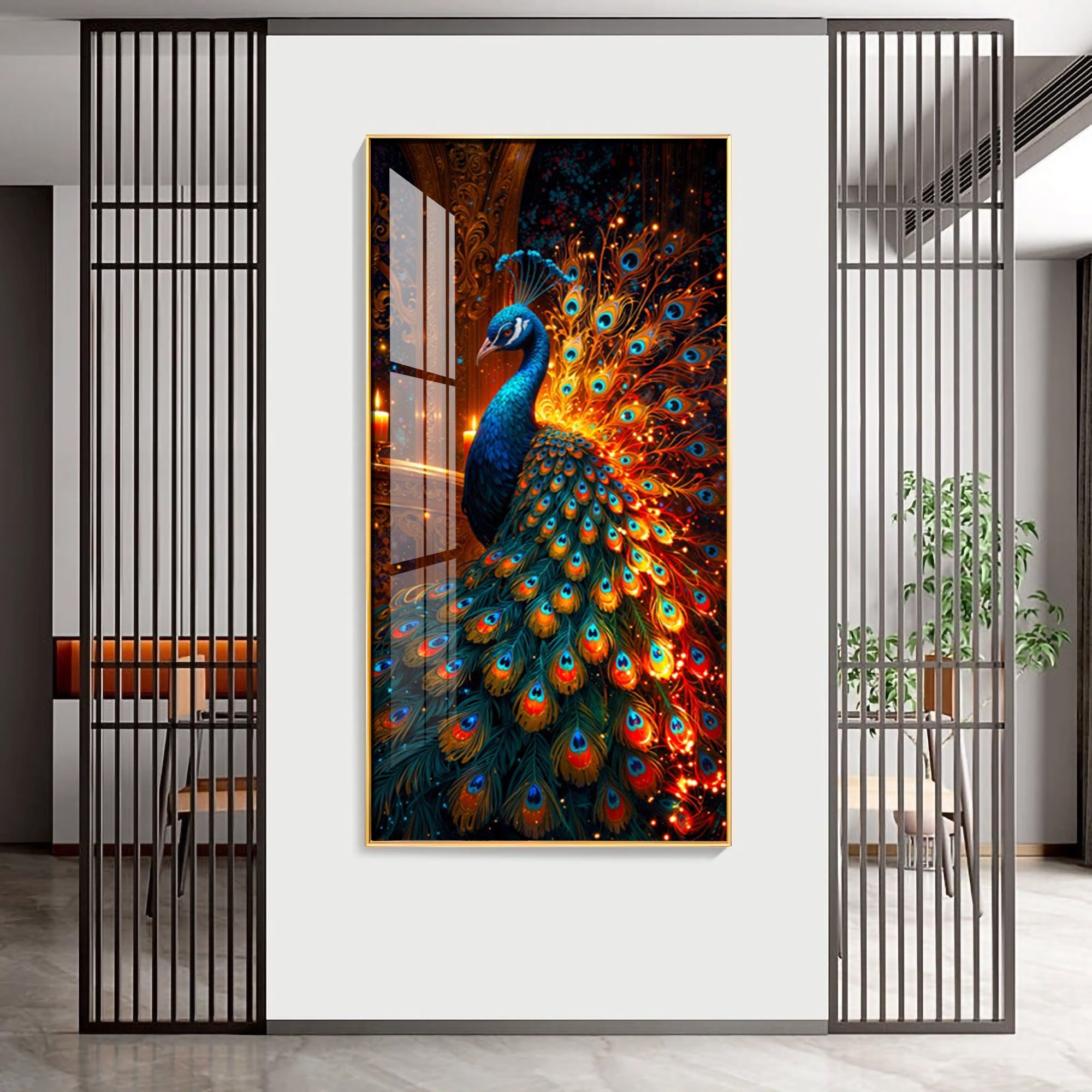 Peacock In Blaze Premium Acrylic Vertical Wall Art