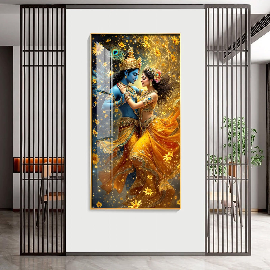 Radha And Krishna in Golden Splendor Flower Premium Acrylic Vertical Wall Art