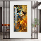 Radha And Krishna in Golden Splendor Flower Premium Acrylic Vertical Wall Art