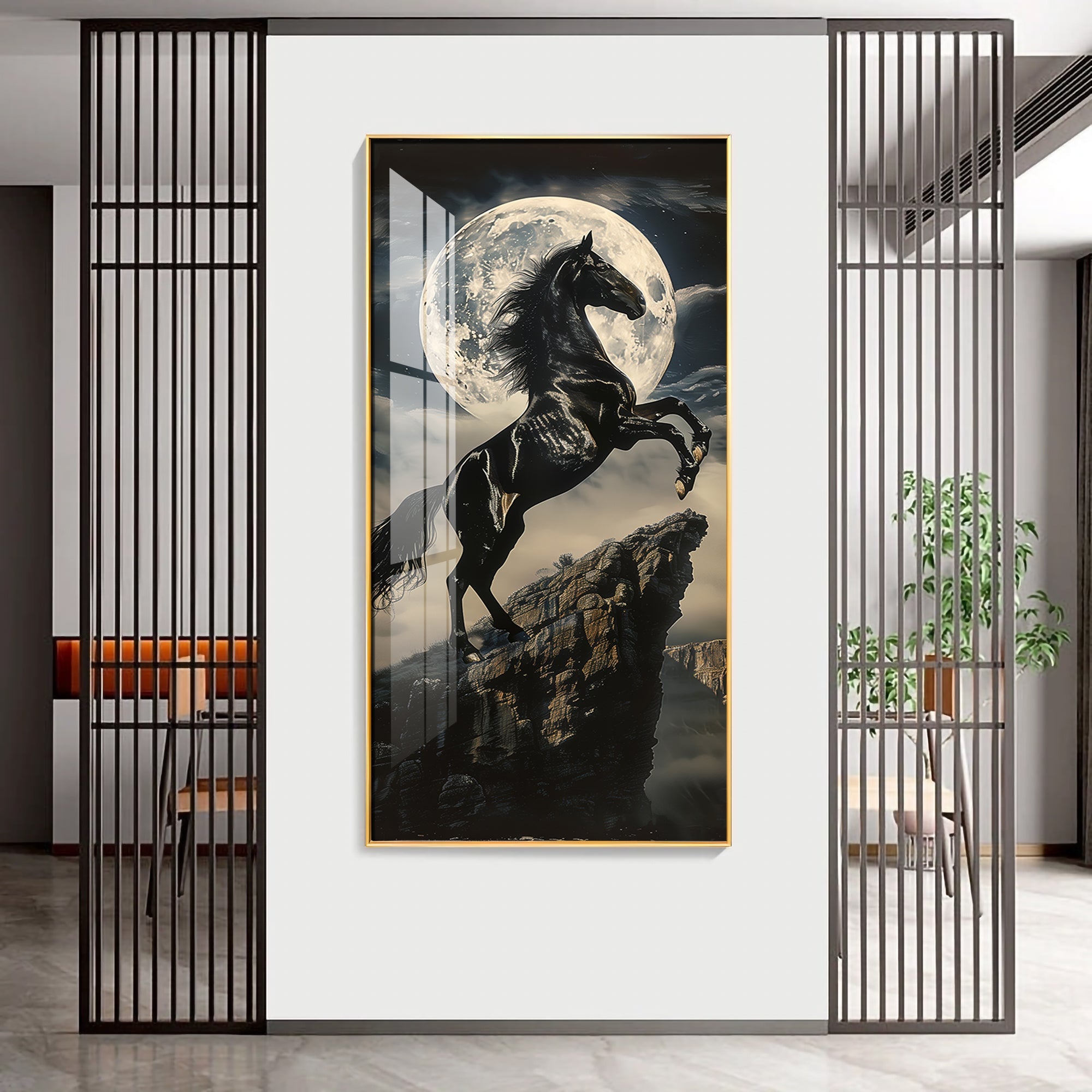 Black Horse On Rocky Cliff Premium Acrylic Vertical Wall Art