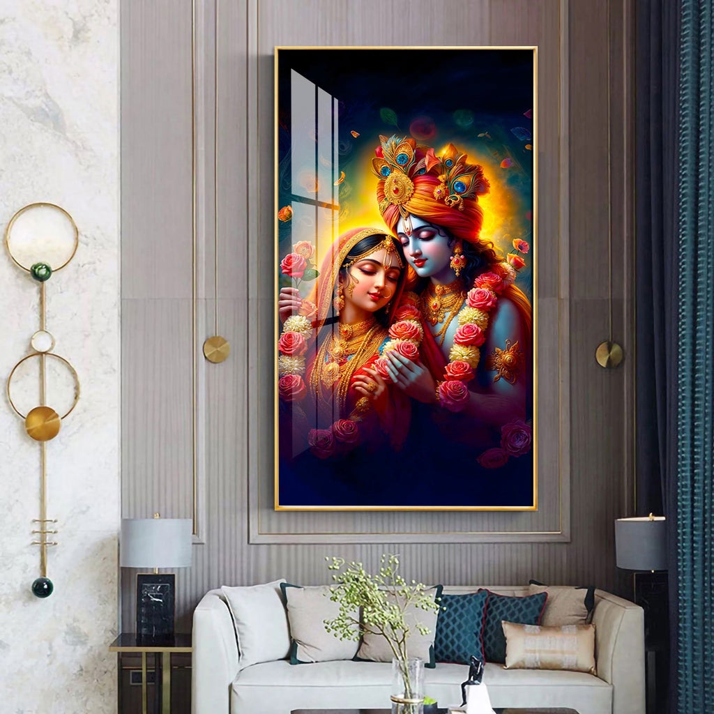 Krishna And Radha Bond Premium Acrylic Vertical Wall Art