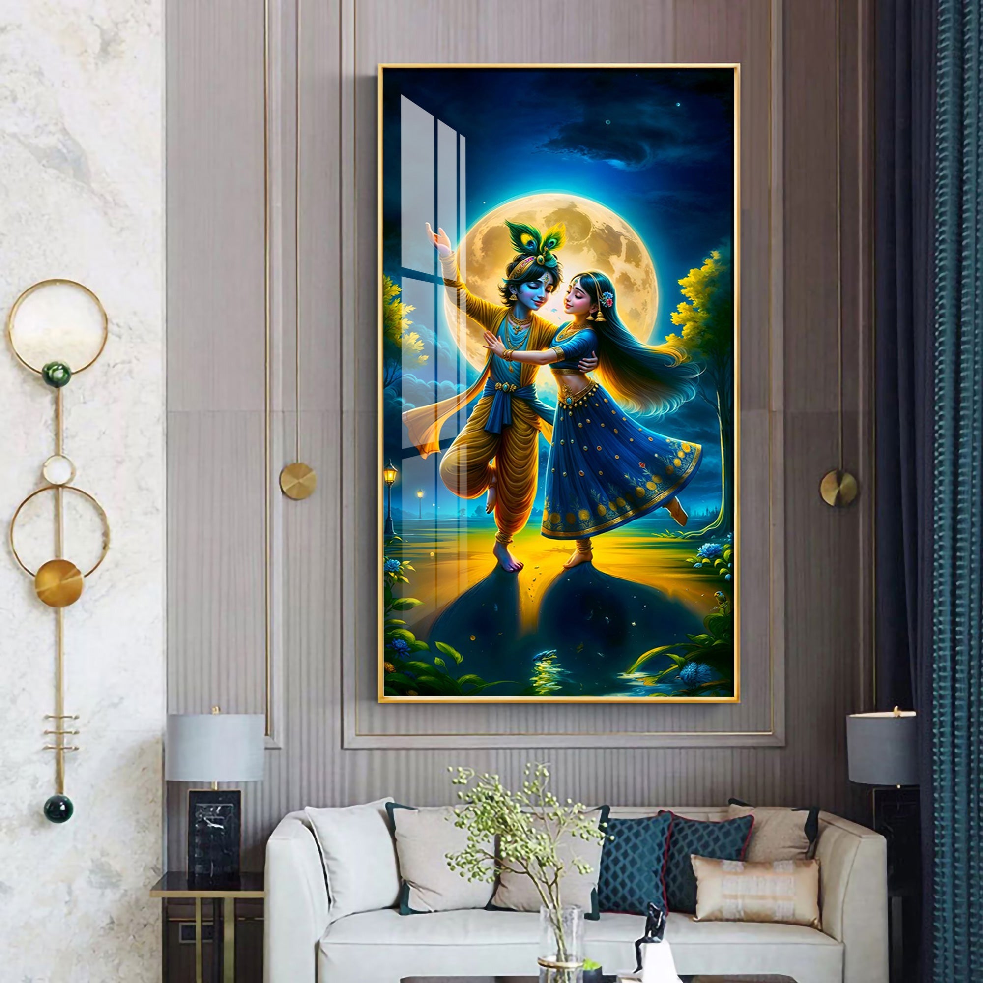 Radha Krishna Dancing Premium Acrylic Vertical Wall Art