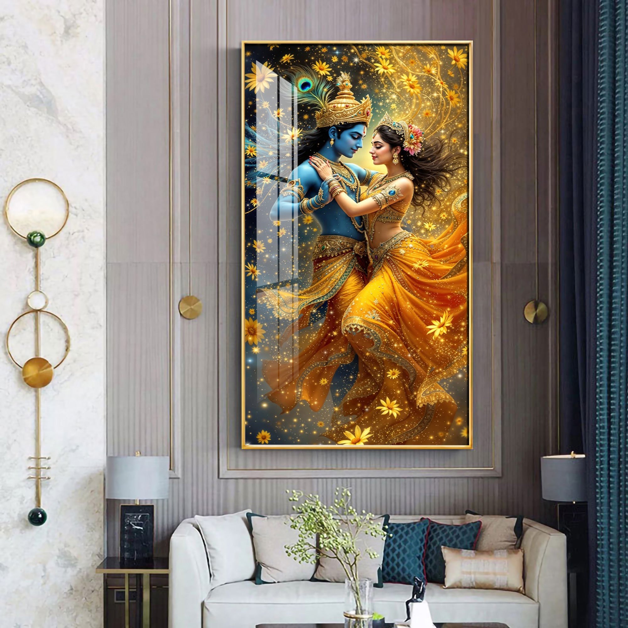 Radha And Krishna in Golden Splendor Flower Premium Acrylic Vertical Wall Art