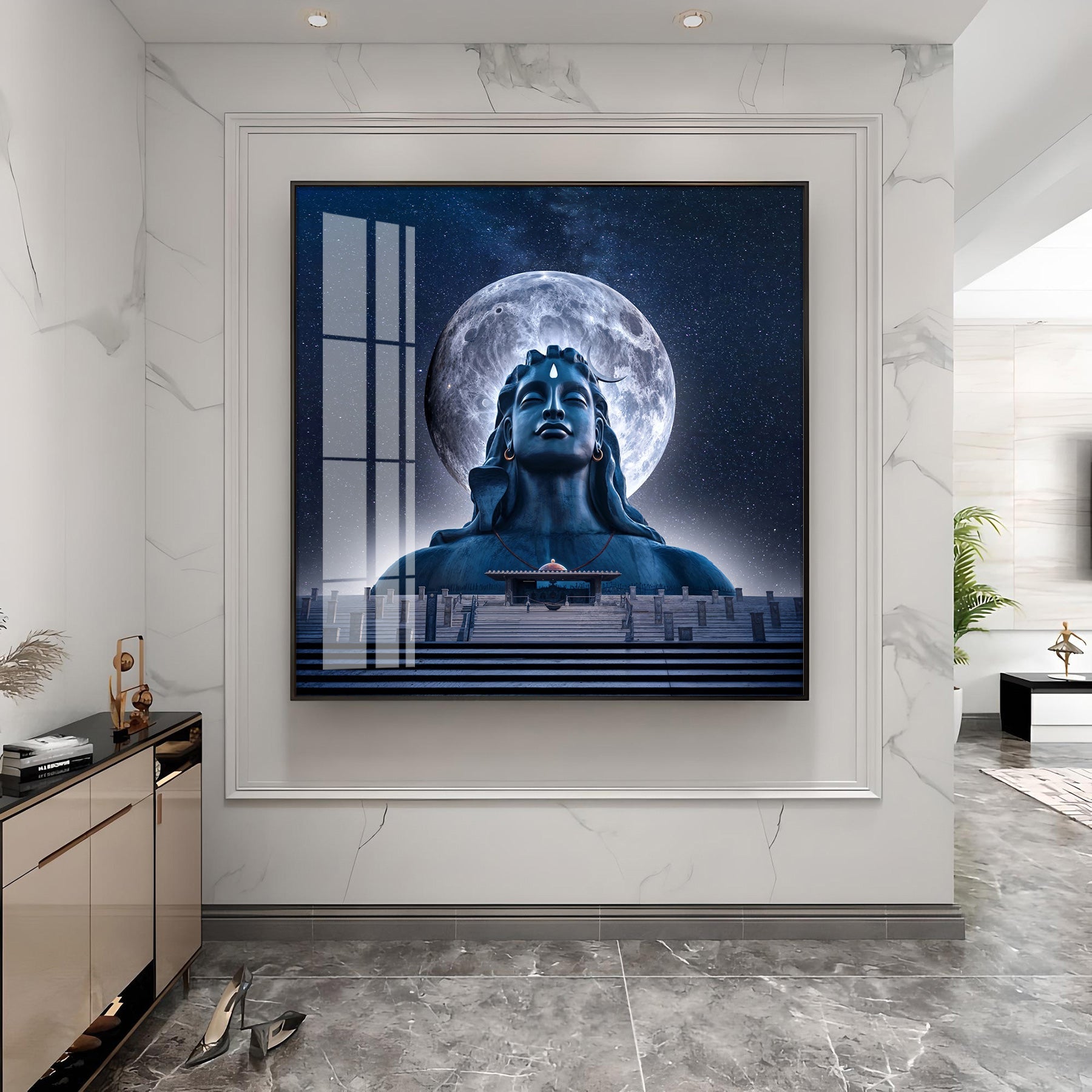 Moon Behind Mahadev Premium Acrylic Square Wall Art