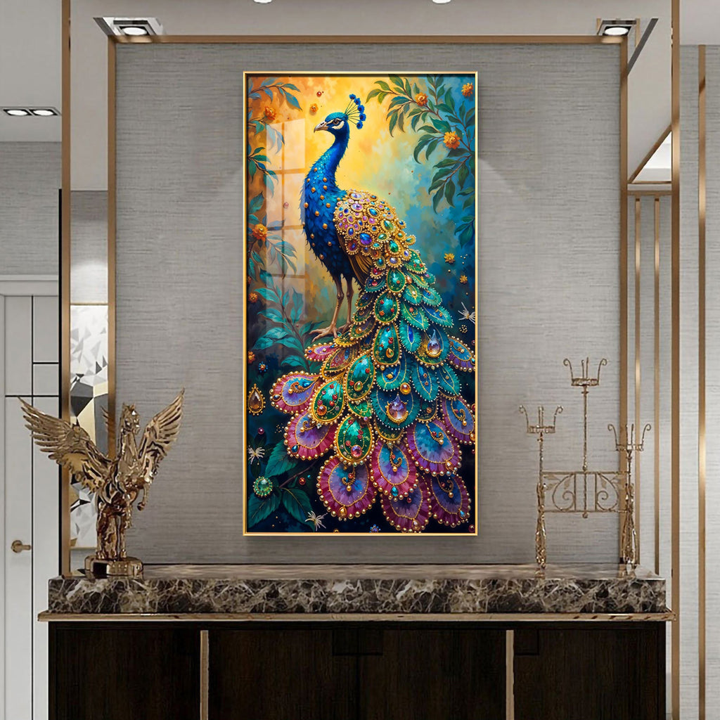 Peacock In Sunrise Premium Acrylic Vertical Wall Art