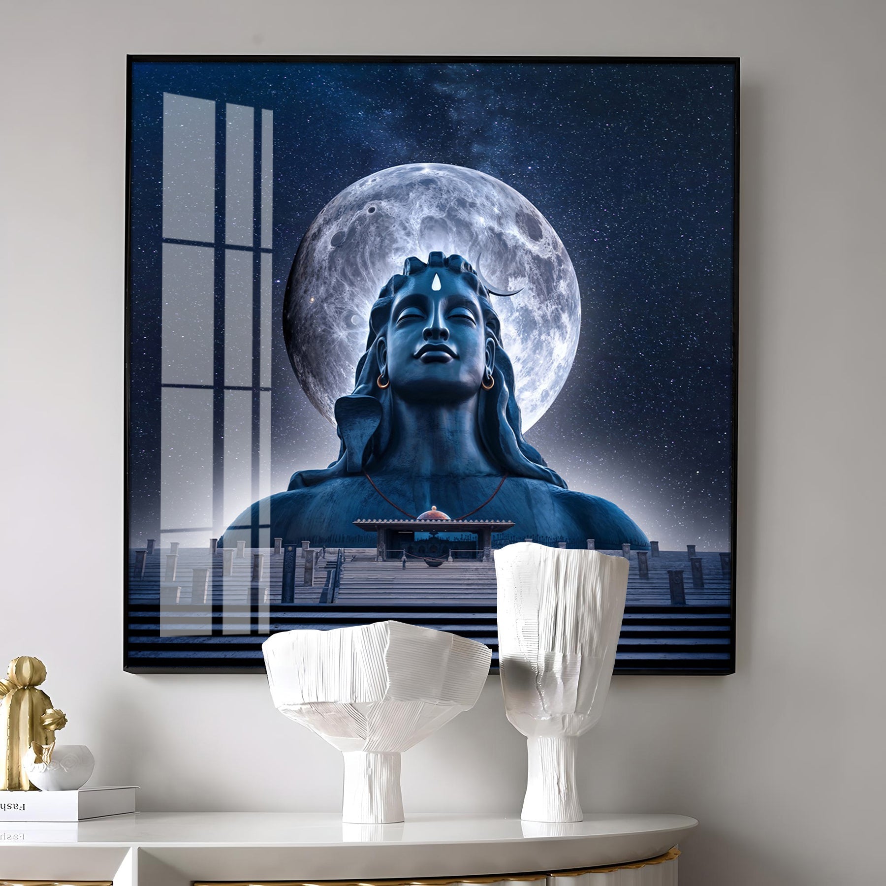 Moon Behind Mahadev Premium Acrylic Square Wall Art