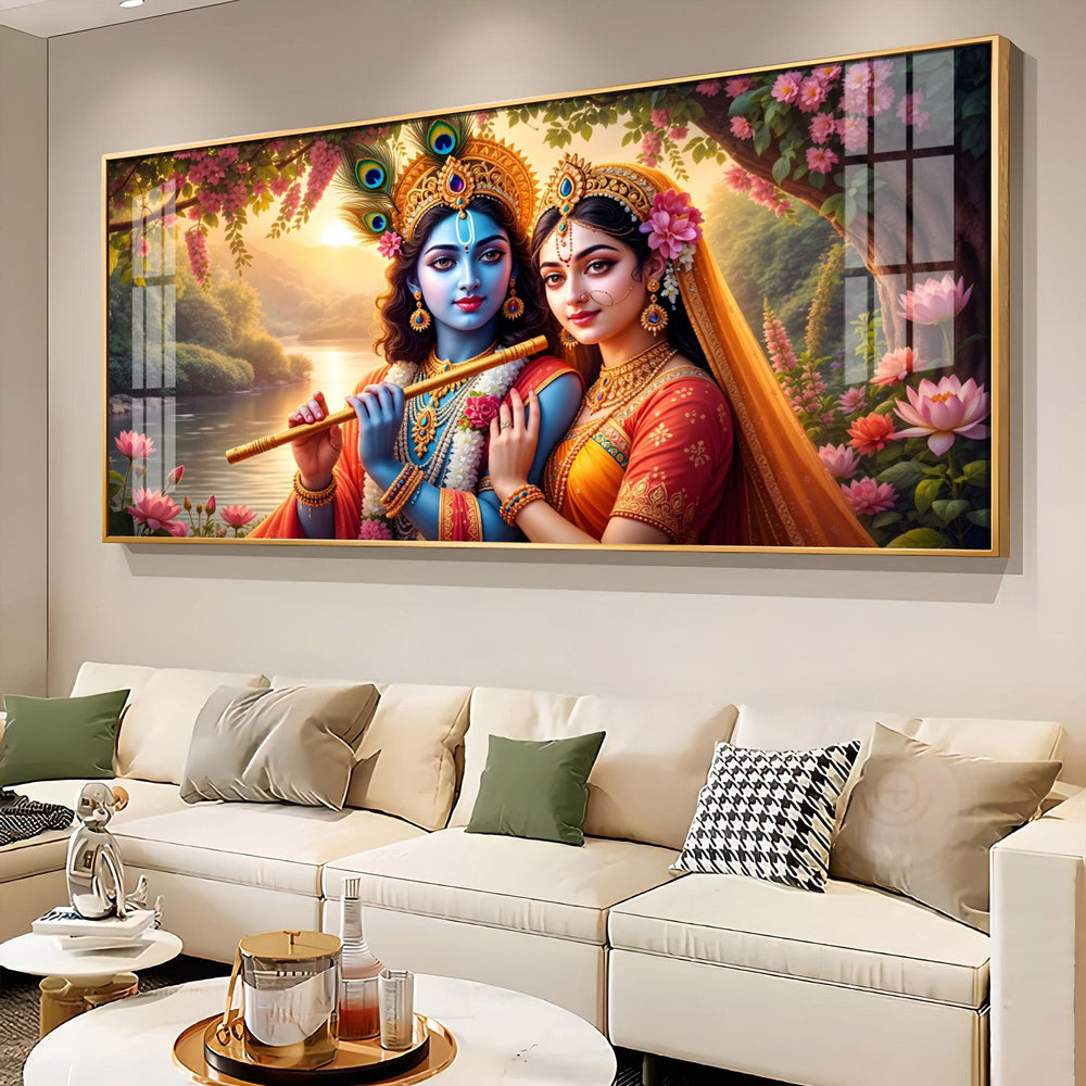 Radha With Krishna Playing Flute Premium Acrylic Horizontal Wall Art
