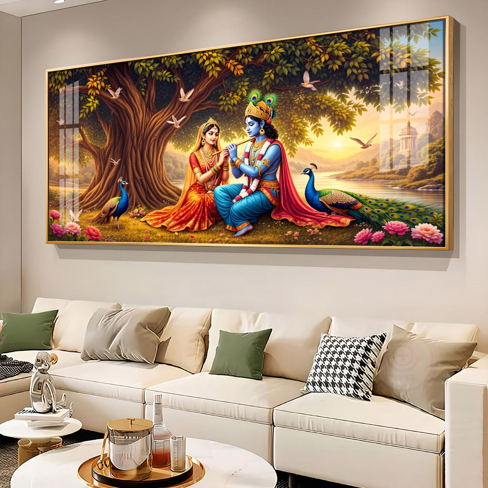 Radha Krishna In Sunset Forest Premium Acrylic Horizontal Wall Art