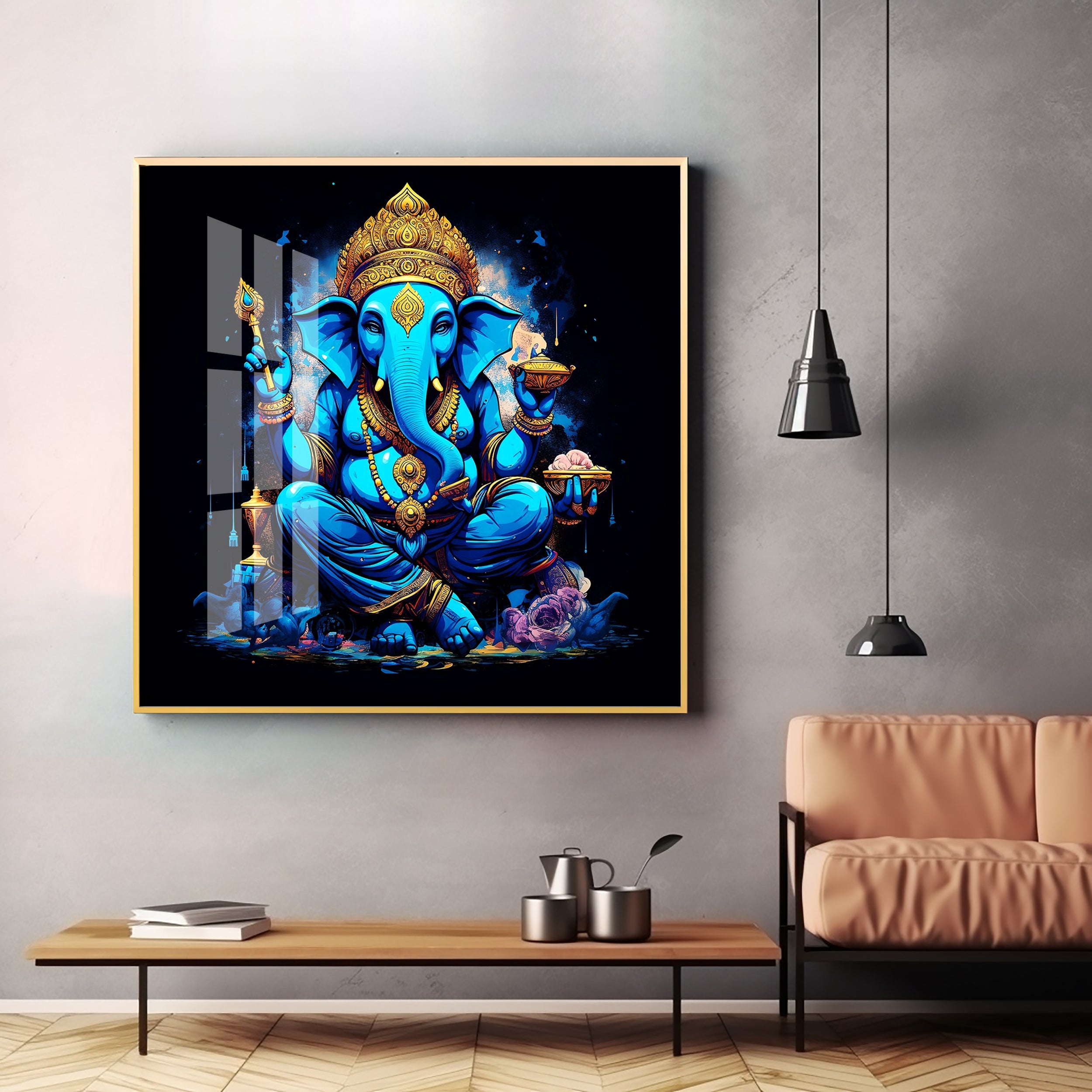 Neon Ganpati Premium Acrylic Square Wall Art