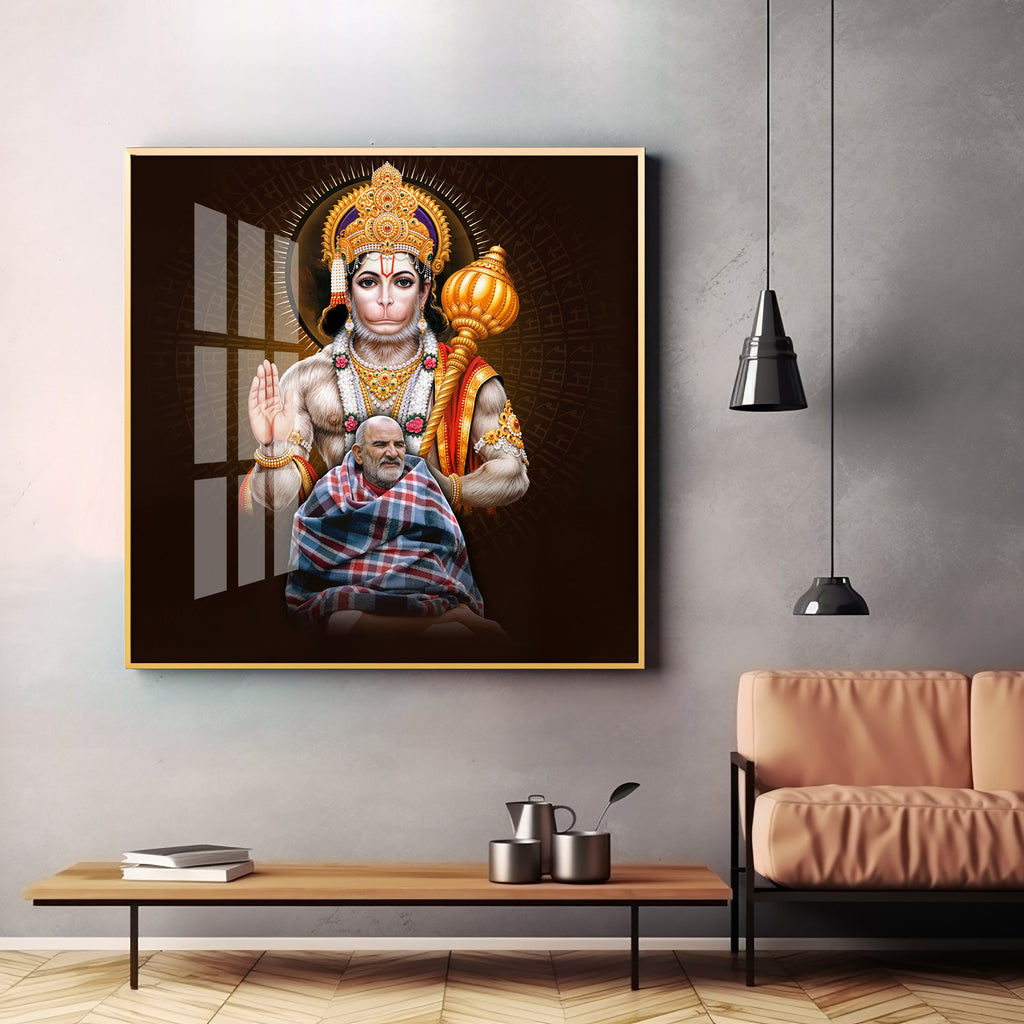 Lord Hanuman Ji and Neem Karoli Baba Premium Acrylic Square Wall Art