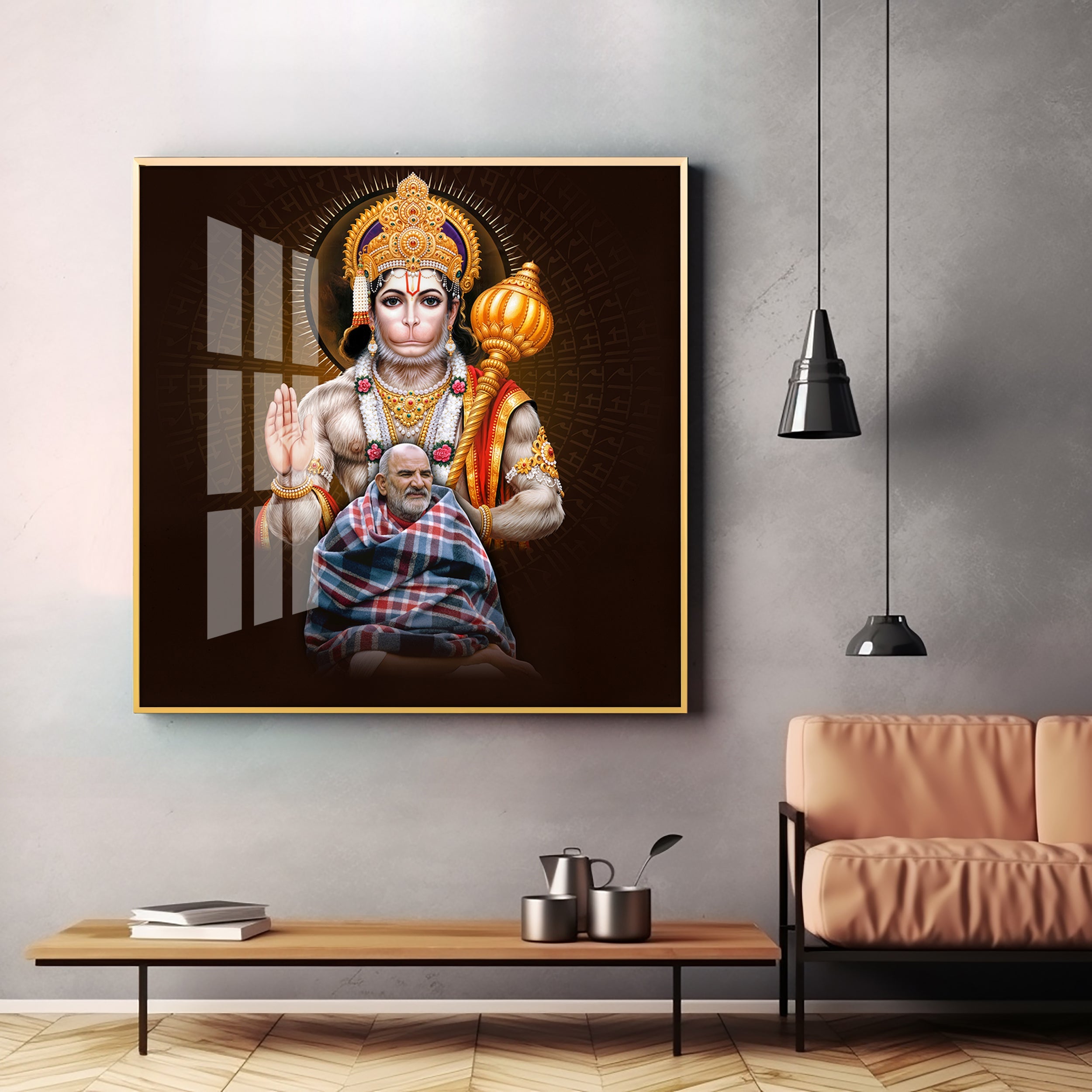 Lord Hanuman Ji and Neem Karoli Baba Premium Acrylic Square Wall Art