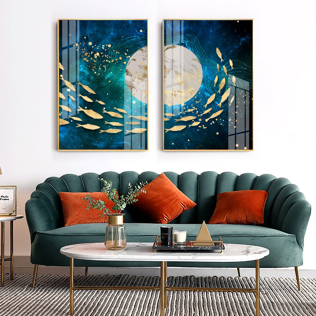 Golden Koi Fish Premium Acrylic Vertical Wall Art (Set Of 2)
