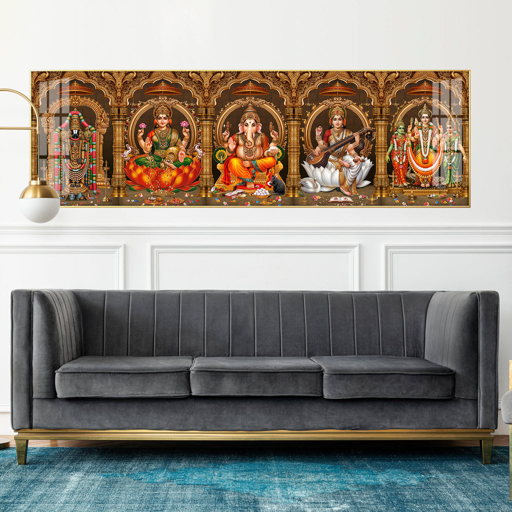 Divine Perumal, Lakshmi, Ganesha, Saraswati & Murugan Premium Acrylic Horizontal Wall Art