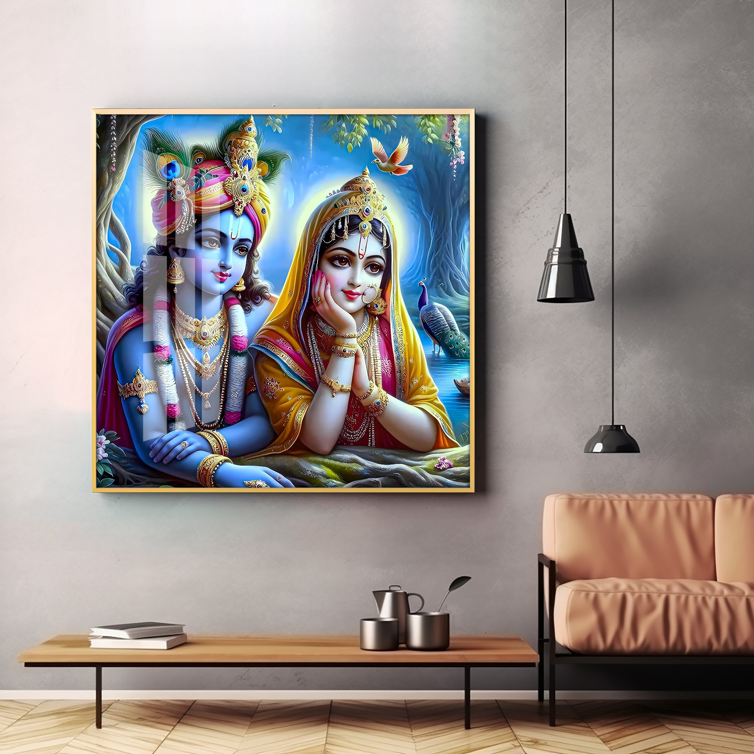 Radha Krishna In Vatika Premium Acrylic Square Wall Art
