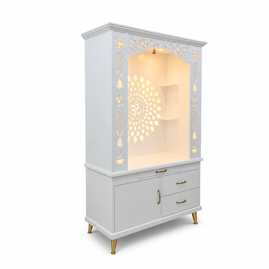 Gorgeous White Wooden Temple with OM LED Back Panel & Spacious Drawers Storage Cabinet for Home & Office