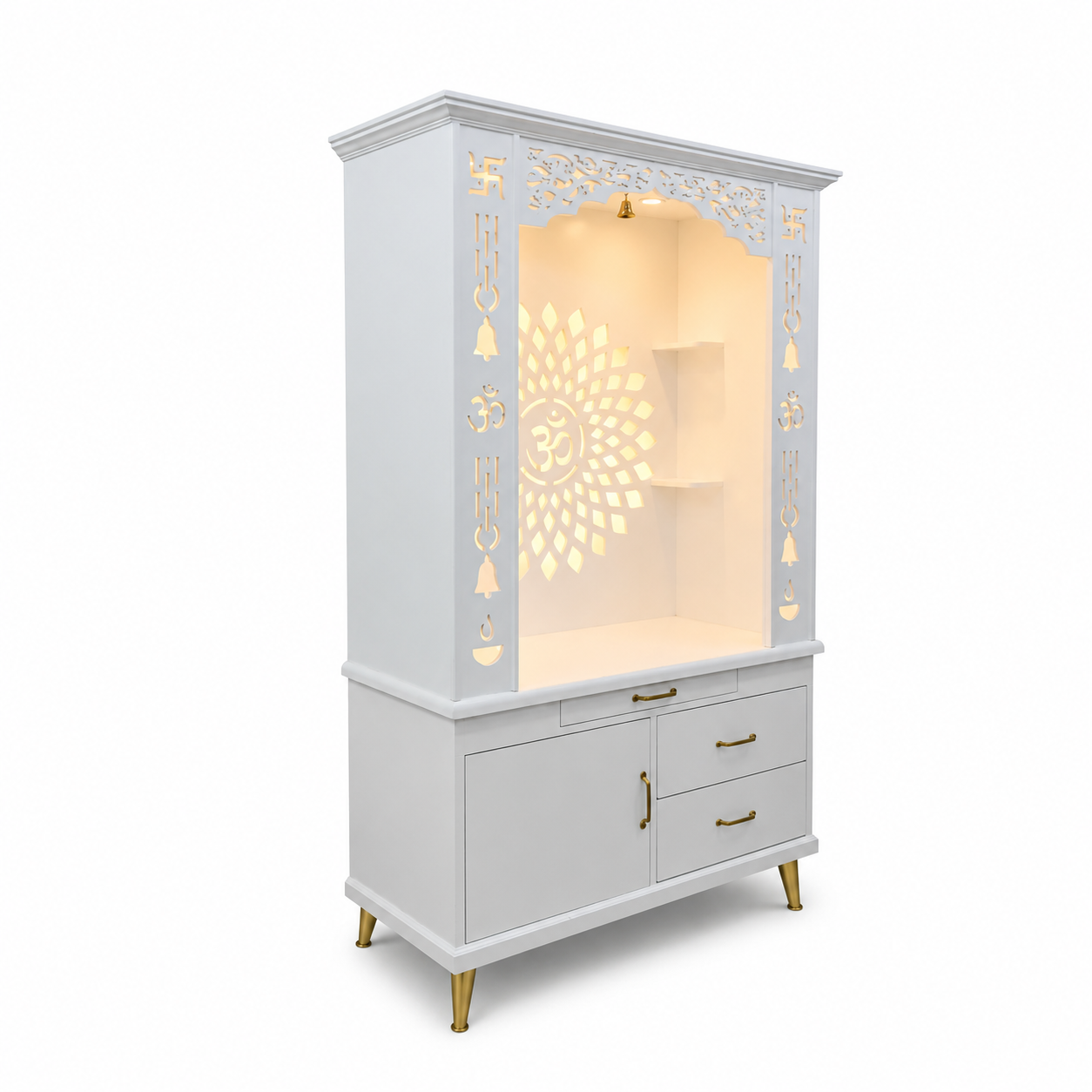 Gorgeous White Wooden Temple with OM LED Back Panel & Spacious Drawers Storage Cabinet for Home & Office