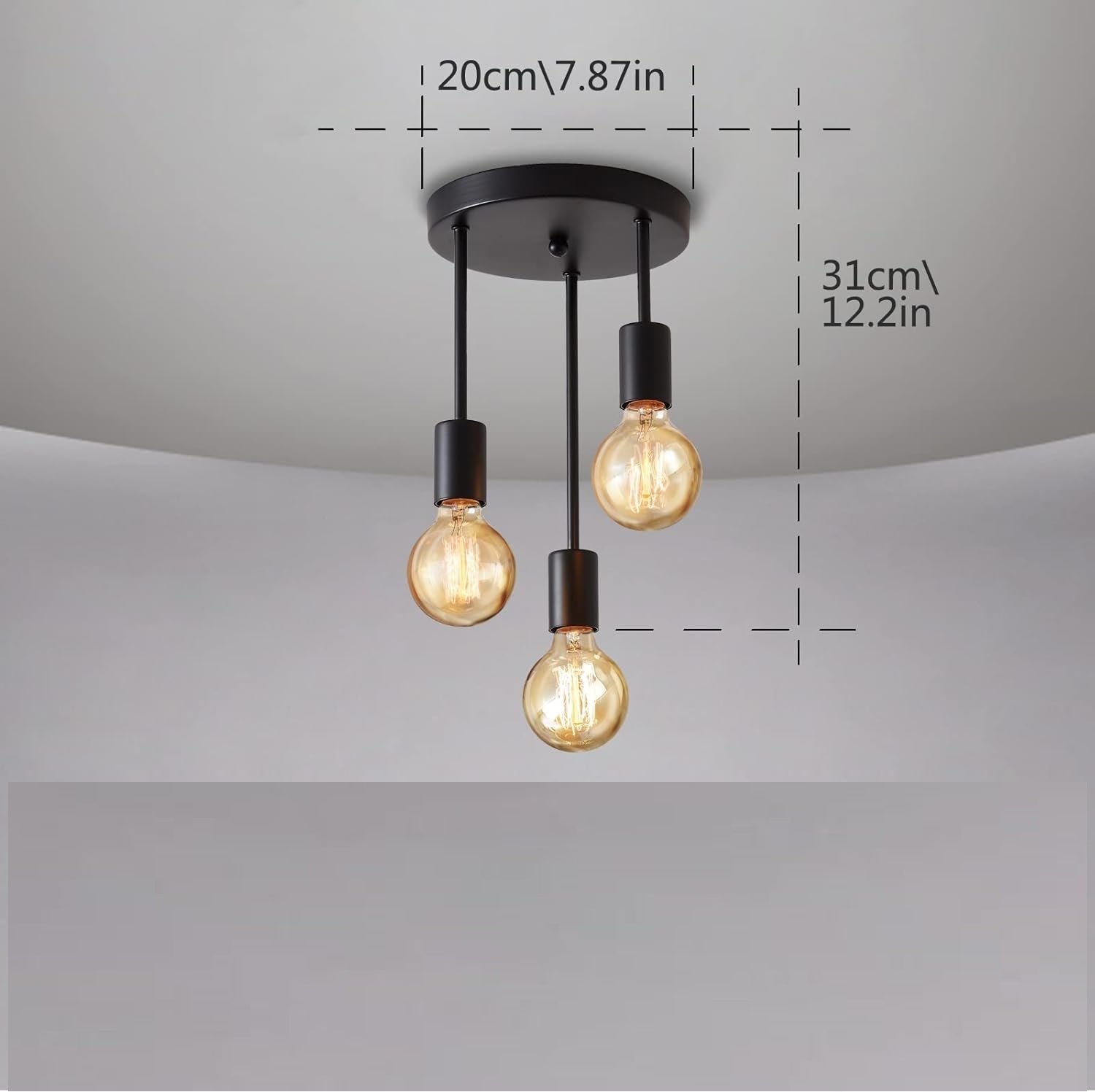 3 Bulbs Black Steel Rounded Shaped Ceiling Light